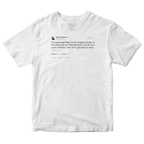 Barack Obama back on the original handle tweet on a white t-shirt from Tee Tweets