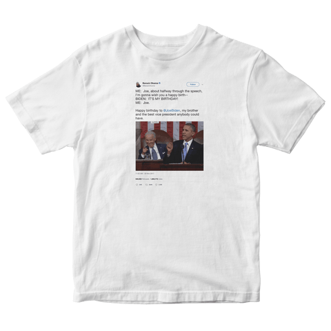Barack Obama interrupting Joe Biden tweet on a white t-shirt from Tee Tweets