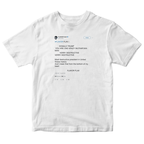 Flavor Flav Donald Trump is crazy tweet on a white t-shirt from Tee Tweets