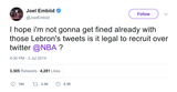 Joel Embiid recruiting Lebron James tweet from Tee Tweets