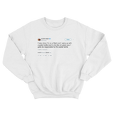 Kanye West waking up next to a water bottle tweet on a white crewneck sweater from Tee Tweets