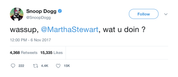Snoop Dogg wassup Martha Stewart what you doing tweet from Tee Tweets