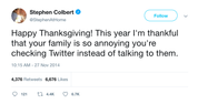 Stephen Colbert happy Thanksgiving tweet from Tee Tweets