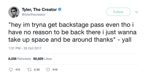 Tyler The Creator backstage pass tweet from Tee Tweets