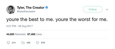 Tyler The Creator you're the best to me you're the worst for me tweet from Tweets
