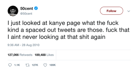 50 Cent never looking at Kanye tweets ever again tweet from Tee Tweets