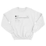 50 Cent I'm rich I really don't care tweet on a white crewneck sweater from Tee Tweets