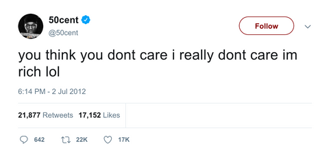 50 Cent I'm rich I really don't care tweet from Tee Tweets