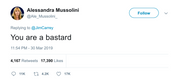 Alessandra Mussolini tells Jim Carrey he is a bastard tweet from Tee Tweets