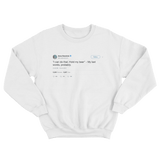 Anna Kendrick my last words are hold my beer tweet on a white crewneck sweater from Tee Tweets