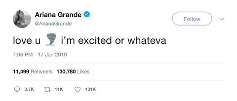 Ariana Grande love u I'm excited or whatever tweet from Tee Tweets