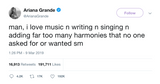 Ariana Grande love making music no one wanted tweet from Tee Tweets