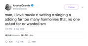 Ariana Grande love making music no one wanted tweet from Tee Tweets