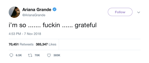 Ariana Grande I'm so grateful tweet from Tee Tweets