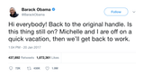 Barack Obama back on the original handle tweet from Tee Tweets