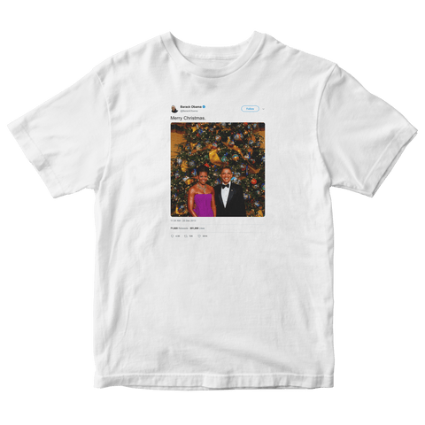 Barack Obama Merry Christmas tweet on a white t-shirt from Tee Tweets