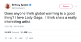 Britney Spears global warming and Lady Gaga tweet from Tee Tweets