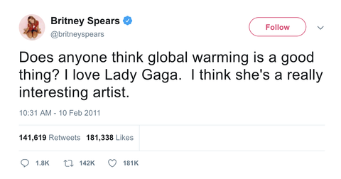 Britney Spears global warming and Lady Gaga tweet from Tee Tweets