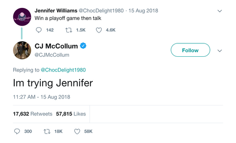 CJ McCollum win a playoff game I'm trying Jennifer tweet from Tee Tweets