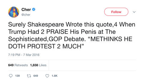 Cher me thinks doth protest too much tweet from Tee Tweets