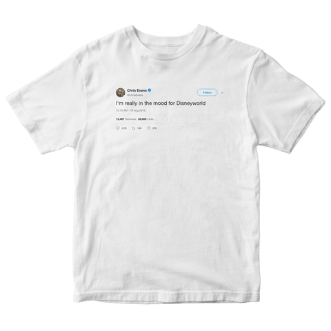 Chris Evans really in the mood for Disneyworld tweet on a white t-shirt from Tee Tweets