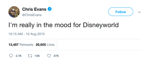 Chris Evans really in the mood for Disneyworld tweet from Tee Tweets