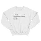 Chrissy Teigen love impractical jokers show tweet on a white crewneck sweater from Tee Tweets