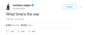 Chrissy Teigen what time is the war july 4th tweet from Tee Tweets