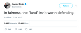 Daniel Tosh the land isn't worth defending tweet from Tee Tweets