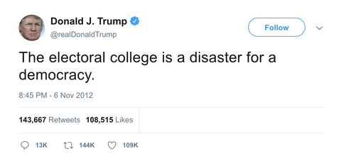 Donald Trump The Electoral College is a disaster for a democracy tweet