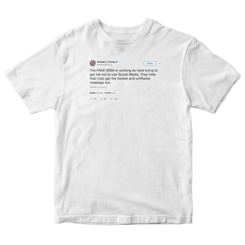 Donald Trump tweet about the mainstream media on a white t-shirt from Tee Tweets