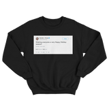 Donald Trump wishing everyone a happy holidays tweet on a black crewneck sweater from Tee Tweets