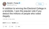 Donald Trump won the popular vote deducting illegal voting tweet from Tee Tweets