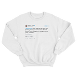 Donald Trump Katy Perry marrying Russell Brand tweet on a white crewneck sweater from Tee Tweets