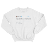 Donald Trump tweet to Robert Pattinson about Miss Universe Girls on a white crewneck sweater