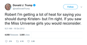 Donald Trump tweet to Robert Pattinson about Miss Universe Girls from Tee Tweets