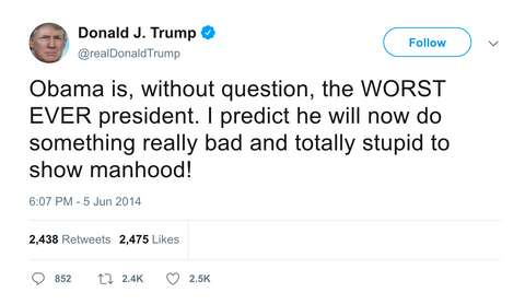 Donald Trump tweet calling Obama the worst president ever from Tee Tweets