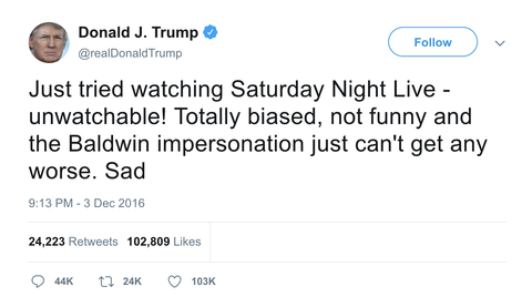 Donald Trump says Saturday Night Live is unwatchable tweet from Tee Tweets