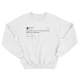Elon Musk making dad jokes tweet on a white crewneck sweater from Tee Tweets