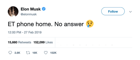 Elon Musk ET phone home no answer tweet from Tee Tweets