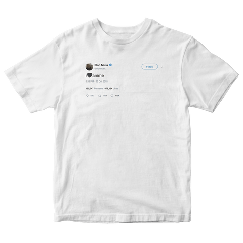 Elon Musk I love anime tweet on a white t-shirt from Tee Tweets
