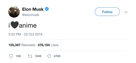 Elon Musk I love anime tweet from Tee Tweets