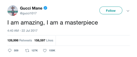 Gucci Mane I am amazing, I am a masterpiece tweet from Tee Tweets