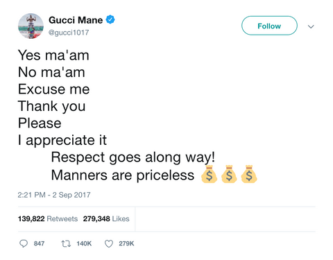 Gucci Mane manners are priceless tweet from Tee Tweets