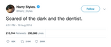 Harry Styles scared of the dark and the dentist tweet frmo Tee Tweets