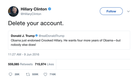 Hillary Clinton tells Donald Trump to delete his account tweet from Tee Tweets
