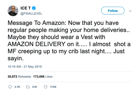 Ice T almost shot Amazon delivery person tweet from Tee Tweets