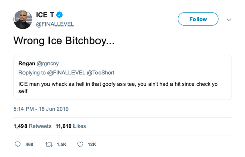 Ice T tells fan he got the wrong Ice tweet from Tee Tweets