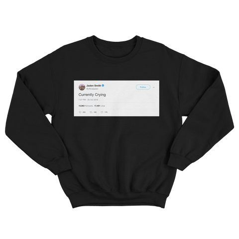 Jaden Smith currently crying tweet on a black crewneck sweater from Tee Tweets