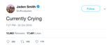 Jaden Smith currently crying tweet from Tee tweets